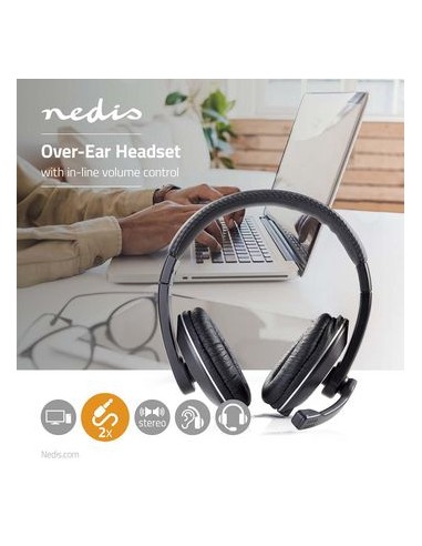 Nedis Auriculares Diadema cable para PC con Micrfono piel- acolchado 2 conectores jack de 3,5 mm+ Adaptador 1 Jack