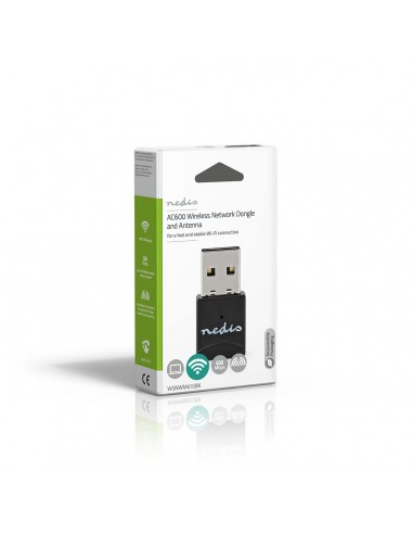 Nedis Adapatador de Red Inalmbrico Red Dongle Wi-Fi|AC600|2.4/5 GHz (Dual Band) |USB2.0|Velocidad de WIFI: 600 Mbps/ Negro