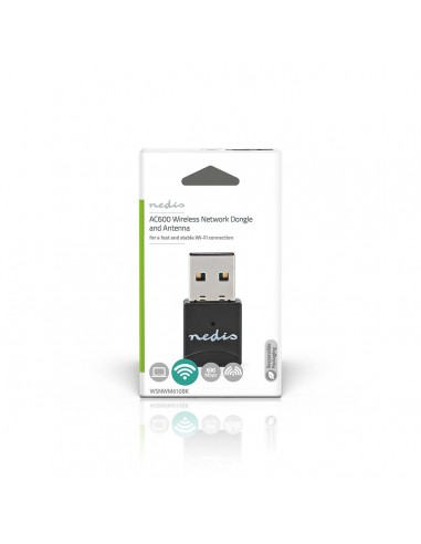 Nedis Adapatador de Red Inalmbrico Red Dongle Wi-Fi|AC600|2.4/5 GHz (Dual Band) |USB2.0|Velocidad de WIFI: 600 Mbps/ Negro