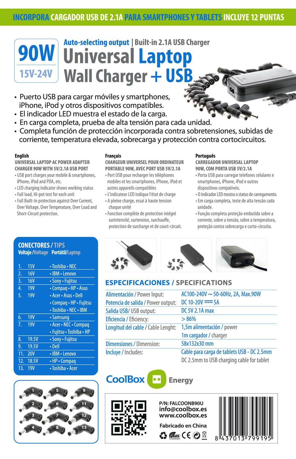 Cargador de portatil 90W CoolBox